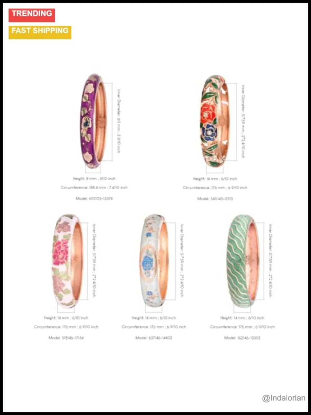 Set of 10 Cloisonne Enamel Bangle Bracelets Flower Engraved Alloy Gift Boxed